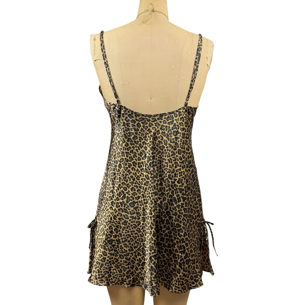 Y2K Leopard Slip Mini Dress Size L Ribbon Ties Hem 2000s Mcbling Indie Coquette - Picture 6 of 8